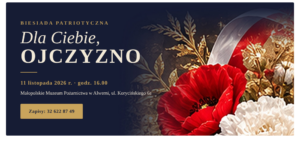 Biesiada Patriotyczna. Maki i polska flaga narodowa na granatowym tle
